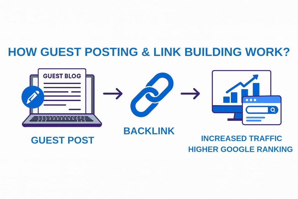 Illustration showing how guest posting and link building help improve SEO rankings and website authority